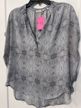 Blue Grey Boho Printed Split-Neck Blouse Violet & Claire